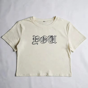 Women's <b>Cream</b> <b>Crop</b> <b>Top</b> Crew Neck Short Sleeve Letter Print Casual T-Shirt Regular Fit Spring Summer 100% Cotton Jersey - Product Image 1