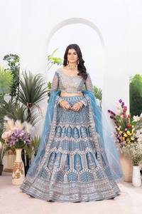 Lehenga Choli Tradicional Azul Bordado, Vestido de Seda para Mujer, Estilo Indio-Pakistaní, Corte Holgado, Largo hasta el Suelo, para Bodas - Product Image 1