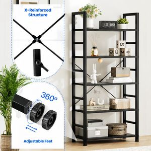 Étagère à livres autoportante à 5 niveaux, 62x24 pouces, étagère de rangement ouverte avec cadre en métal noir - Product Image 4