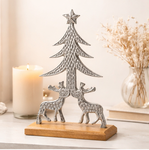 Handcrafted Silver Aluminum Christmas <b>Tree</b> With Reindeer Sculpture On Sustainable Mango Wood Base Modern Premium <b>Tabletop</b> Decor - Product Image 2