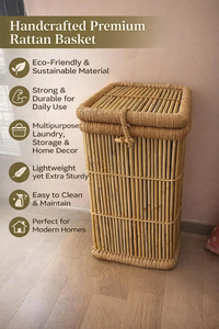 Handmade Bamboo Laundry <b>Hamper</b> Tall Rattan Clothes Storage with Lid Eco Friendly Woven <b>Basket</b> OEM Supplier Vietnam - Product Image 3