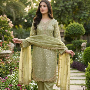 Ensemble de costume ethnique pour femme en soie pure prêt-à-porter avec broderie lourde, haut de créateur, pantalon et dupatta à bordure en dentelle - Product Image 1