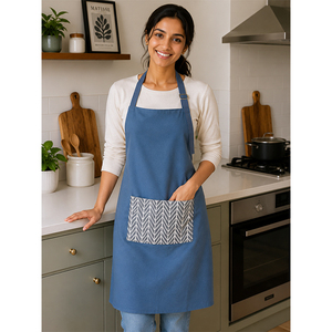Delantal de Algodón Premium |   Delantal de algodón azul con estampado geométrico y bolsillo frontal |   Delantal de Cocina Ajustable para Cocinar y Hornear - Product Image 1