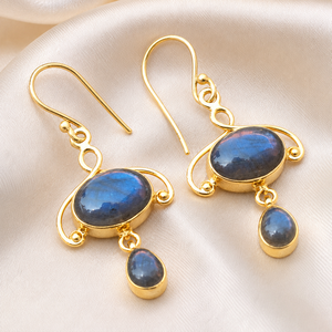 Pendientes de Labradorita Doble Natural en Plata de Ley 925, Hechos a Mano, Estilo Boho, de Lujo, Chapados en Oro Amarillo y Rosa, para Regalo - Product Image 4