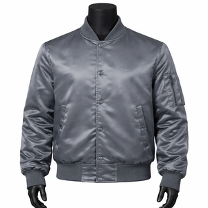High Quality Triveers <b>Men's</b> Grey Satin Bomber <b>Jacket</b> Regular Fit Stand Collar Zipper Pocket Casual Wear With Buttons <b>Jacket</b> - Product Image 1