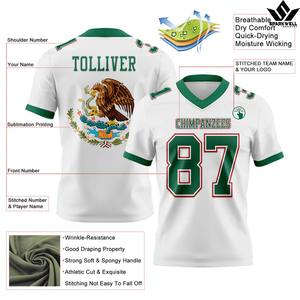 Camiseta de Fútbol Americano Blanca y Verde para Hombre, Cuello en V, Sublimada, Nombre y Número del Equipo Personalizados, Transpirable, de Poliéster, Manga Corta - Product Image 4