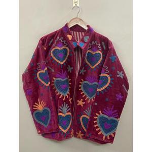 Hand Embroidered Velvet <b>Knitted</b> Cotton Jacket Women Mandarin Collar Full Sleeve Floral <b>Pattern</b> Open Front Prairie Winter/Spring - Product Image 1