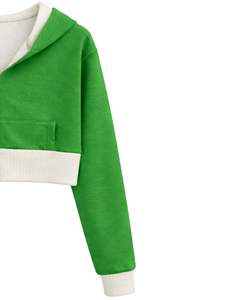 Sweat-shirt à capuche zippé court personnalisé pour femme, vert vif et polaire en coton, style color block, veste décontractée streetwear - Product Image 3