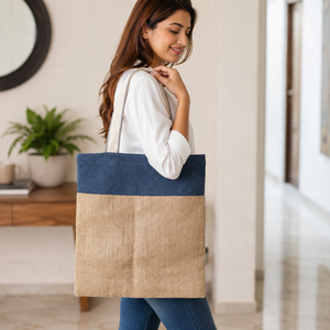Two Tone Natural and Dyed Jute Tote Bags 38x42 cm Cotton Tape Handle Custom Logo Promotional Shopping Bag Wholesale Manufacturer - Product Image 5