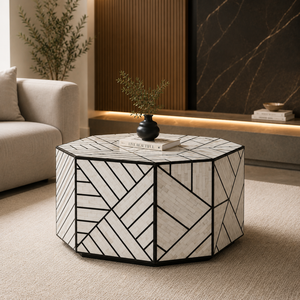 Modern MOP Inlay Handmade Round Wood Coffee <b>Table</b> <b>White</b> Black Geometric Living Room Furniture Center <b>Table</b> for Hotel - Product Image 1