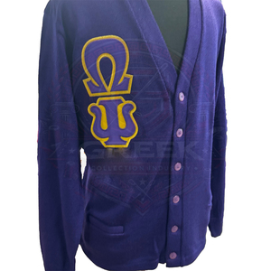 custom fraternity omega OPP <b>cardigan</b> sweater acrylic knitted V-neck purple men's sweater embroidery Greek letter button up front - Product Image 3