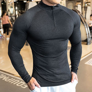 High Quality Long Sleeve Half Zipper Collar <b>Shirt</b> Solid Colors Training Fitness Outdoor Muscle Slim Fit <b>Shirt</b> for Men's - Product Image 1