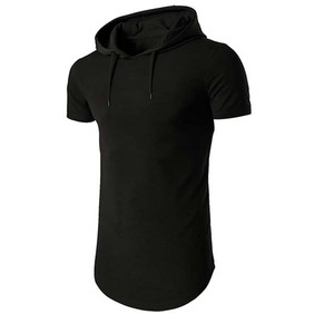 Mens Black Solid Slim Fit Hooded <b>Short</b> <b>Sleeve</b> T Shirt Long Casual Unlined Pullover <b>Hoodie</b> - Product Image 1