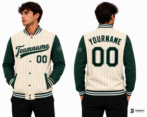 SINEWY SPORTS <b>Men's</b> Pinstripe Varsity <b>Jacket</b> Custom Name Number Green Cream <b>Baseball</b> Style Sporty Outerwear Autumn Wear - Product Image 4