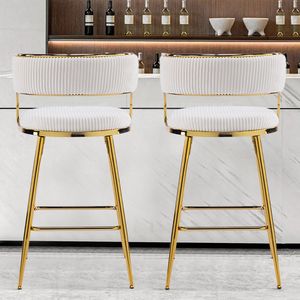 2 sgabelli da bar in velluto a coste spesso con piedini in ferro placcato oro beige - Comodi ed eleganti mobili da bar per la casa - Product Image 3