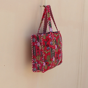 Sustainable Cotton Velvet RedTote <b>Bag</b> Cactus Floral Print Zipper Open Closure <b>Reusable</b> Shopping Travel Tote <b>Bag</b> - Product Image 5