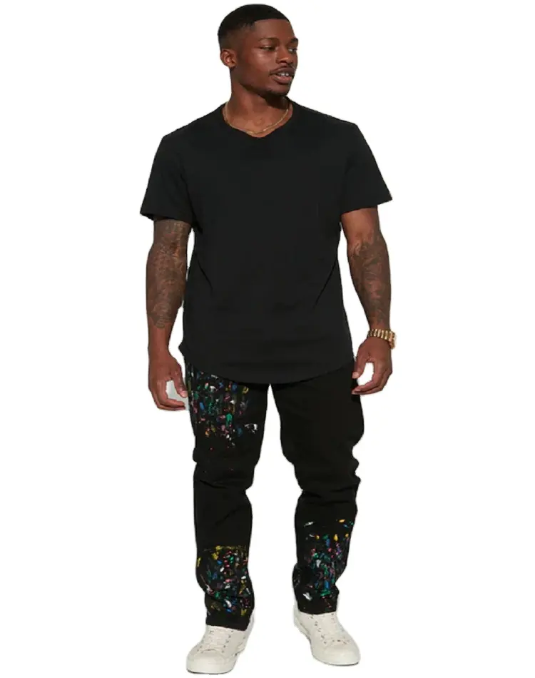 Splatter Design Slim Jeans - Black Stretch Denim 5 Pocket Body Button Closure Zip Fly Paint Splatter Detail