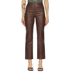 Pantalon d'hiver décontracté en cuir véritable pour femme, coupe large, taille mi-haute, devant plat, marron, avec détails en dentelle - Product Image 2