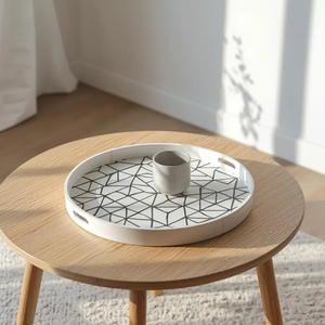 Modern Round Bone Inlay <b>Tray</b>, <b>Black</b> & White Geometric Pattern Serving <b>Tray</b>, Home Decor Decorative Coffee Table - Product Image 1