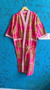 Bata Kimono de Algodón, Bata de Dama de Honor con Estampado de Bloques, Ropa de Dormir de Verano, Talla Única - Product Image 3