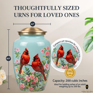 Urne funéraire Cardinal pour cendres d'adultes, 220 pouces cubes, écologique et durable avec motif floral personnalisable - Product Image 6