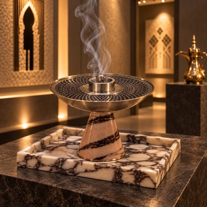 Brûleur à Bakhoor en marbre et acier inoxydable |   Porte-encens Oud Arabe en Métal Perforé – Décoration de Luxe Islamique pour Maison, Hôtel et Majlis - Product Image 2