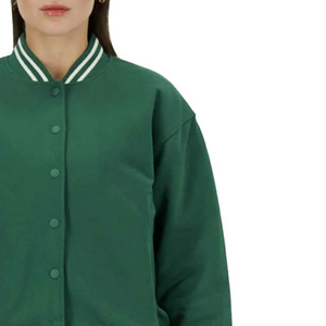 Chaqueta Varsity Verde para Mujer, Color Sólido, Manga Larga, Cuello Camisero, Cierre de Botones, Largo Regular, Ropa de Otoño - Product Image 2