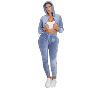High Quality <b>Crop</b> <b>Top</b> Sets <b>Blue</b> <b>Top</b> Wide Leg Pants Women Velvet Tracksuit Fitness Women Velour Zip up Hoodie - Product Image 4