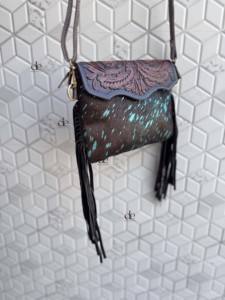 Women's Hand <b>Tooled</b> <b>Leather</b> Cross Body Bag With Tassel Fringe Bohemian Flap Closure Metallic Design Stylish Daily Use Handbag - Product Image 2