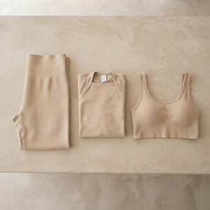 Women Beige Ribbed Yoga Set Long Sleeve <b>Bolero</b> Crop <b>Top</b> High Waist Leggings Gym Fitness Workout Activewear Two Piece Set - Product Image 5