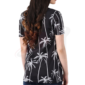 เสื้อยืดแขนสั้นคอกลมพิมพ์ลายต้นปาล์มสีขาวดำสำหรับผู้หญิงสไตล์ลำลองสวมใส่ได้ในฤดูใบไม้ผลิฤดูร้อน - Product Image 2