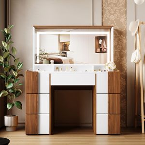 Elegant 44.4\" Makeup Vanities <b>Large</b> Lighted Mirror Power Outlet 7 Drawers Dressing Table 7 Drawers Shelves Elegant Vanity <b>Desk</b> - Product Image 1