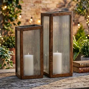Juego de Portavelas de Vidrio y Madera Modernos con Paneles de Vidrio Acanalados, Faroles Decorativos Rústicos para Decoración del Hogar en Interiores y Exteriores - Product Image 2