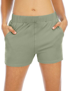 Shorts en tricot bleu clair pour femmes, taille haute, avec poches, respirants, taille élastique, shorts de sport décontractés - Product Image 2