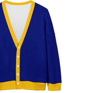 เสื้อคาร์ดิแกนถักไหมพรมคอวีสีน้ำเงินเหลืองสำหรับผู้หญิง แบบขายส่งตามสั่งสำหรับนักศึกษาหญิง แขนยาว ติดกระดุม ลำลอง สีตัดกัน - Product Image 5