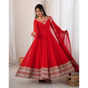 Heavy Georgette Paper Mirror Embroidery Sequence Gown Pant Dupatta Set Full Sleeves Readymade Anarkali Suit <b>Dress</b> (HHI 549) - Product Image 1