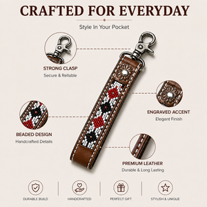 Handcrafted Brown Leather Beaded Keychain with Red Black White Pattern <b>Engraved</b> Accent Metal Swivel Clasp Western <b>Key</b> <b>Ring</b> Bag - Product Image 5