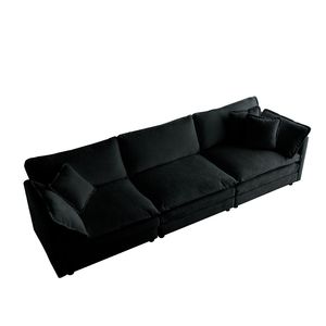 Divano a 3 Posti in Ciniglia Nera Stile Mid-Century Moderno per Soggiorno con 2 Braccioli e 3 Cuscini Decorativi - Product Image 4