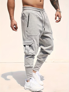 Men's Gray Corduroy Breathable Eco-Friendly Plus Size Cargo Casual Joggers Mid Waist Drawstring Loose Fit Pockets Autumn Wear - Product Image 3