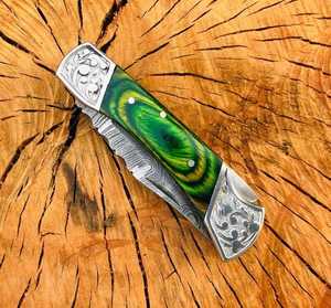 Cuchillo Plegable de Acero de Damasco Hecho a Mano OEM con Empuñaduras Grabadas en Acero, Cuchillo de Bolsillo Plegable para Exteriores de Acero de Damasco Hecho a Mano - Product Image 2