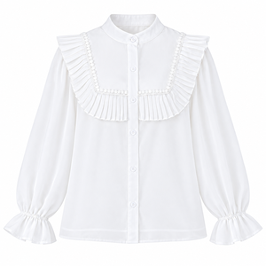 Chemisier plissé à manches longues pour femme avec volants, col montant et bordure en dentelle, boutonnage frontal, élégant, pour le bureau, vente en gros - Product Image 1