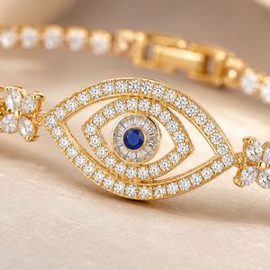Pulsera con diseño de ojo y circonita cúbica brillante, cadena de tenis de latón para mujer, accesorios de joyería de lujo para fiestas - Product Image 6