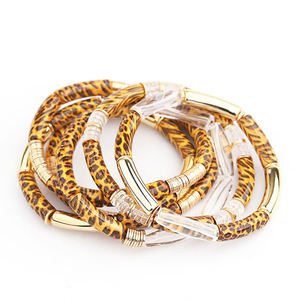 Pulseras de Moda con Diseño de Leopardo para Mujer, Tubo con Disco Dorado, Cuerda Elástica, Hechas a Mano, Brazaletes de Resina - Product Image 3