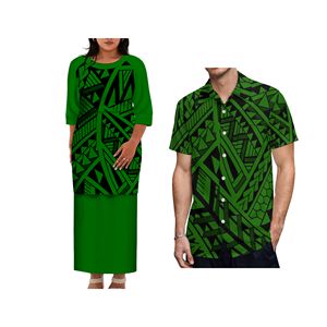 Conjunto a juego Puletasi Samoano de talla grande personalizado: Vestido largo para mujer y camisa de manga corta para hombre con estampado floral, ropa casual de verano - Product Image 2