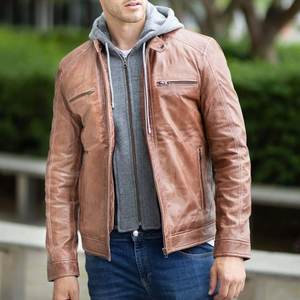 Nouveautés : Veste en cuir marron à capuche avec logo personnalisé pour hommes, vestes vintage pour hommes, veste streetwear, vestes d'hiver de haute qualité - Product Image 5