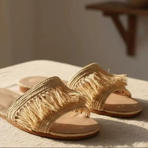 Handmade Raffia Sandals Morocco | Women's Natural Straw <b>Slides</b>, Summer Boho Shoes - Product Image 1