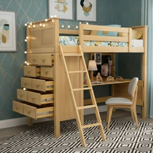Cama Alta Doble Valencia de Diseño Moderno con Cómodas, Madera de Pino de Nueva Zelanda Sólida, Hecha a Mano en Vietnam, P.D.T VA12BN, 1 Año de Garantía, La Mejor - Product Image 1