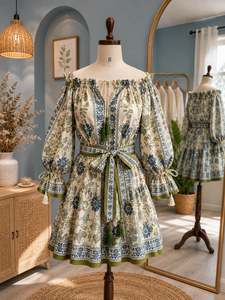 Vestido Mini Formal Bohemio para Mujer con Mangas Abullonadas y Escote sin Tirantes |   Vestido de Verano con Estampado Floral Personalizado - Product Image 1