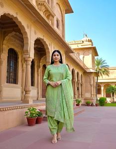 Ensemble haut long ample et pantalon palazzo en crêpe brodé bleu uni avec dupatta, tenue ethnique pour femme pour mariage et fête - Product Image 6