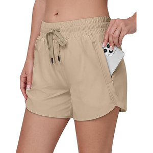Wholesale Beige <b>Men</b> Running Shorts Polyester Dry Fit Gym Bottoms with Hidden Side Zipper <b>Pouch</b> Custom Logo - Product Image 1